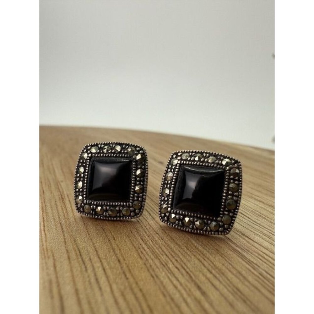 Vintage Sterling Silver Black Onyx Marcasite Square Earrings 925
